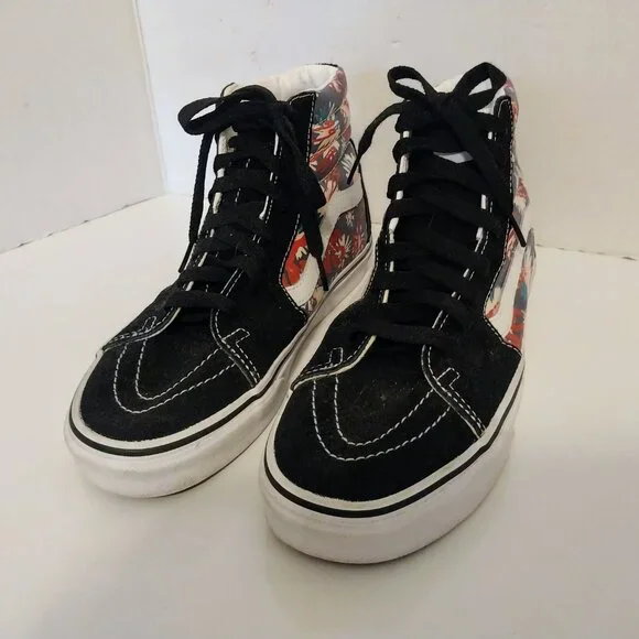 VANS OFF THE WALL BLACK SUEDE/FLOWER CANVAS HIGH TOPS M-7 W-8.5 - Picture 3 of 11